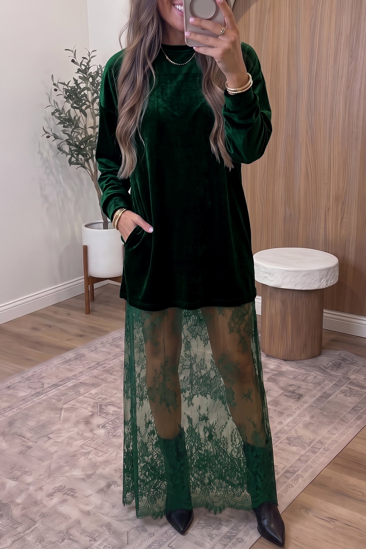 Black velvet long sleeve maxi dress with lace splicing hem, stylish shift dress from Dear-Lover featuring elegant design details.