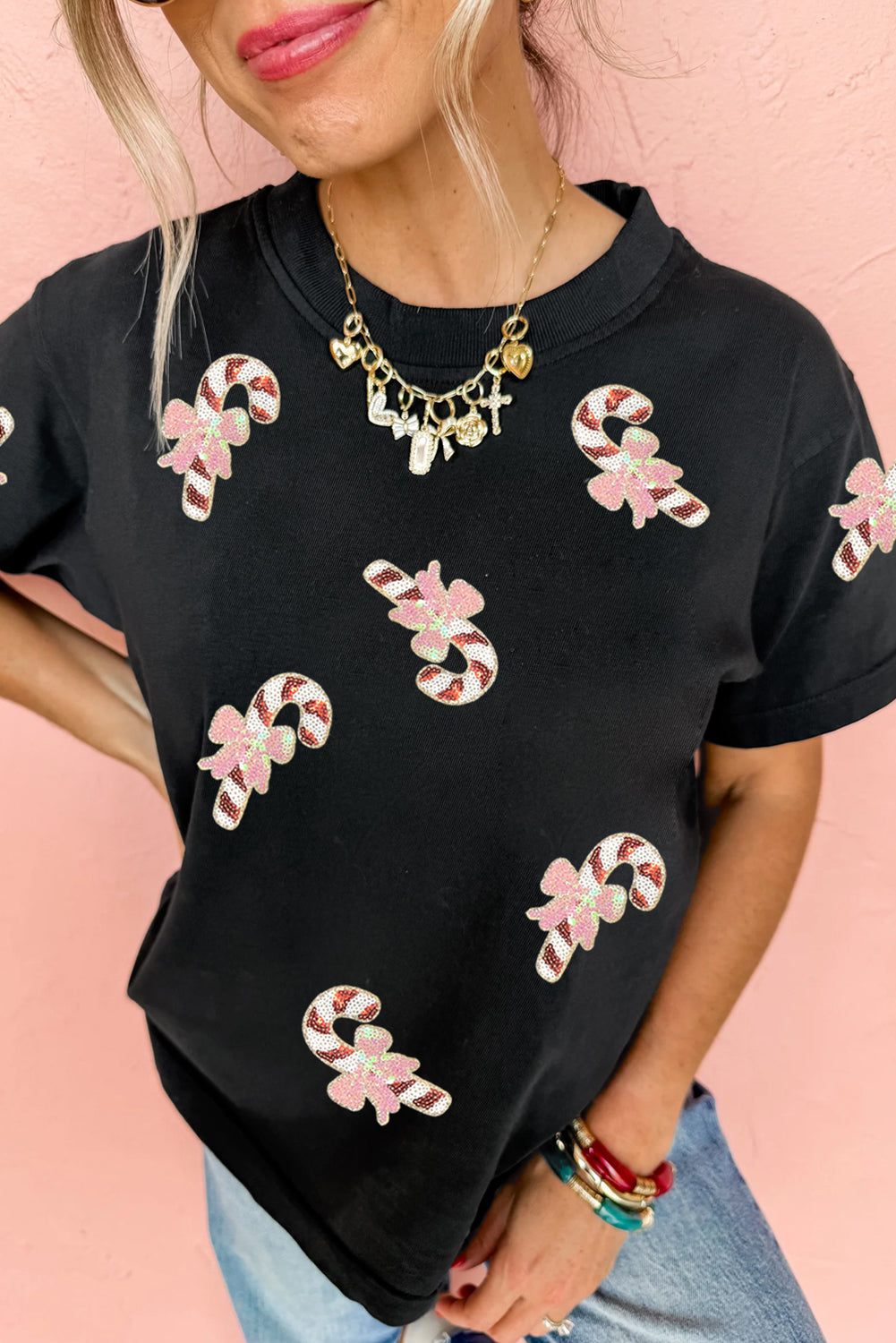 Black Sequin Candy Cane Holiday Tee