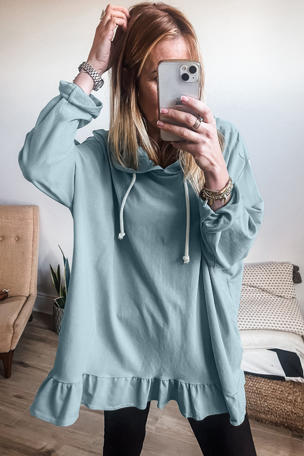 Iceland Blue Ruffled-Hem Tunic Hoodie
