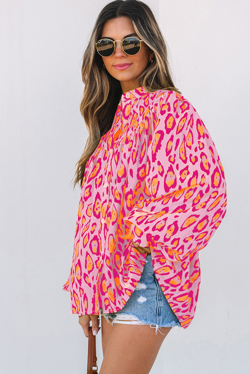 French Beige Leopard Balloon-Sleeve Shirt