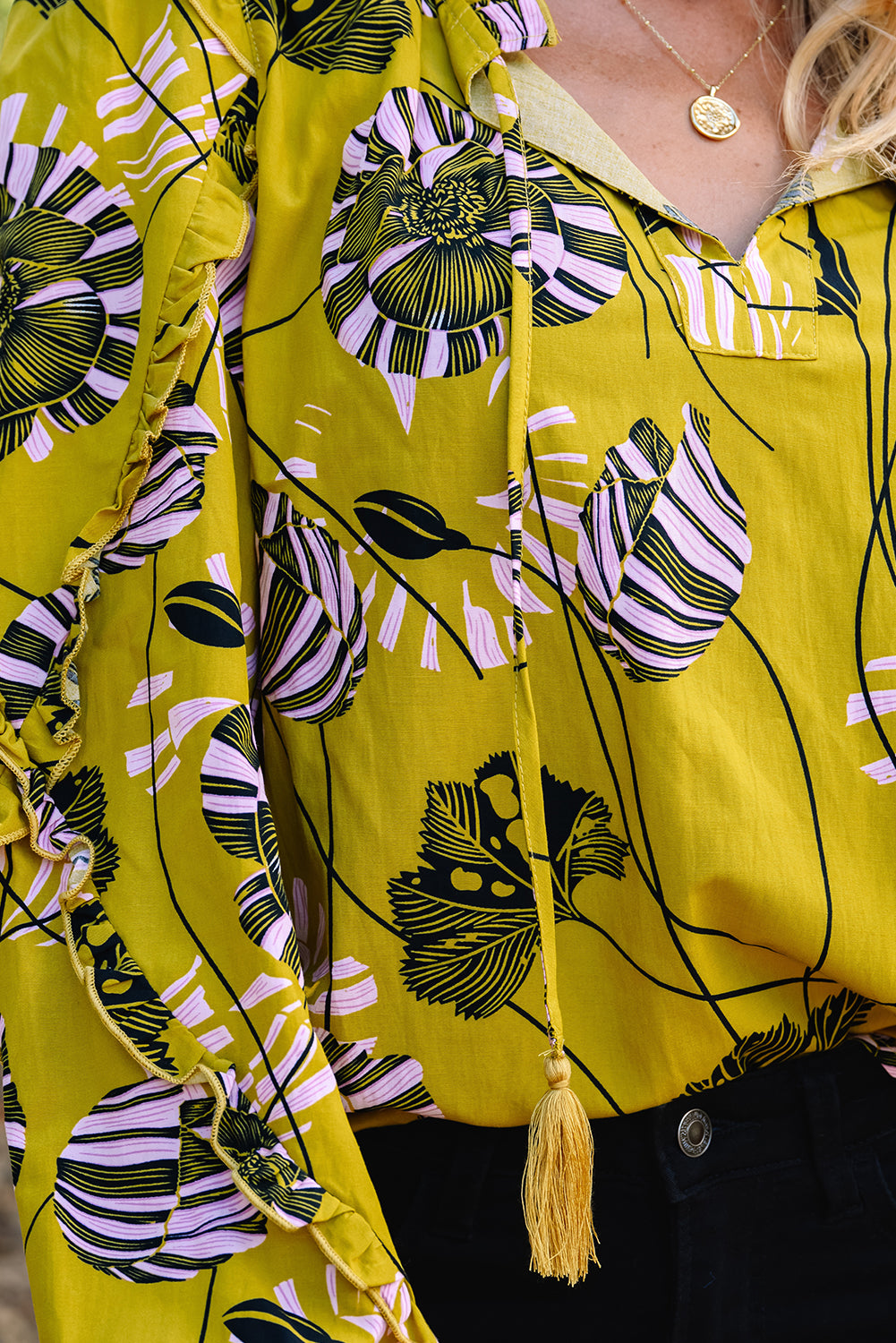 Yellow Vintage Floral Ruffle Blouse