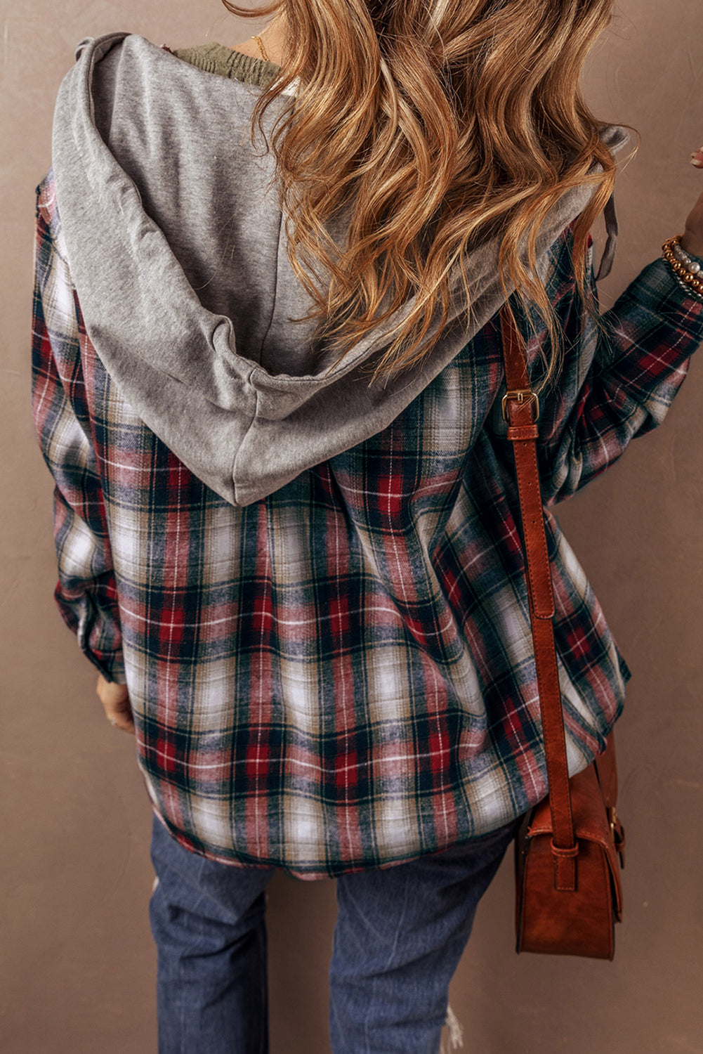 Red plaid print Dear-Lover dropshipping shacket with chest pocket, buttoned hood, perfect for casual wear.