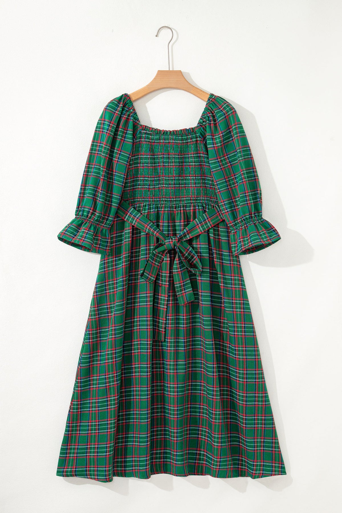 Plaid Puff Sleeve Midi Dress