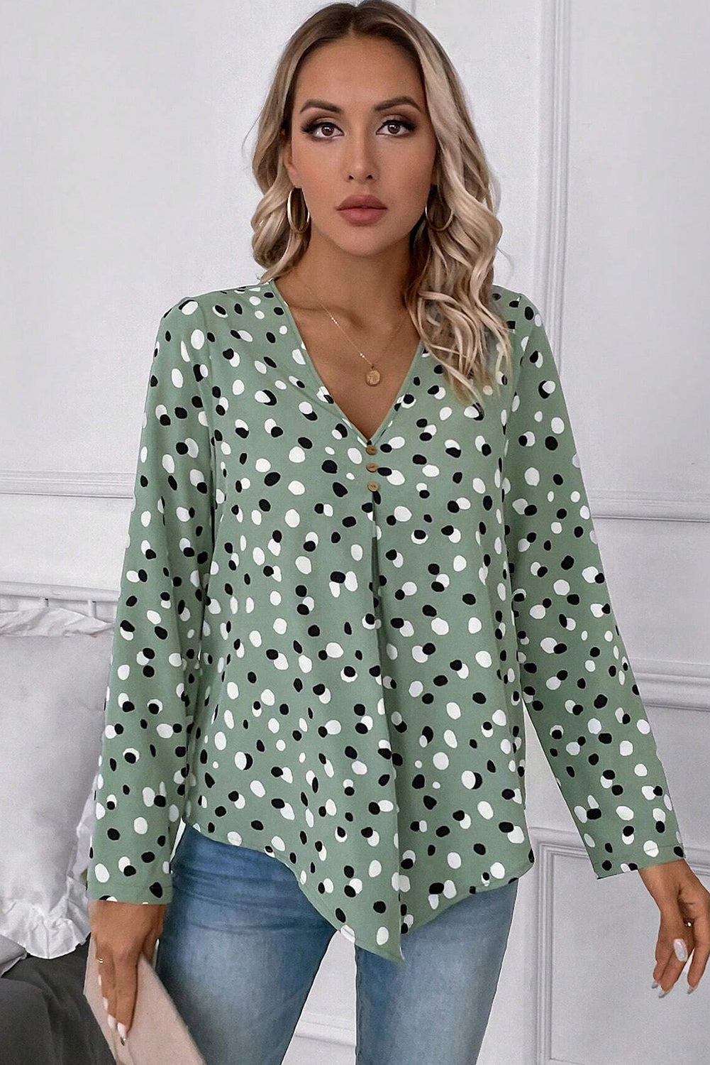 Green Polka Dot Button-Front Blouse