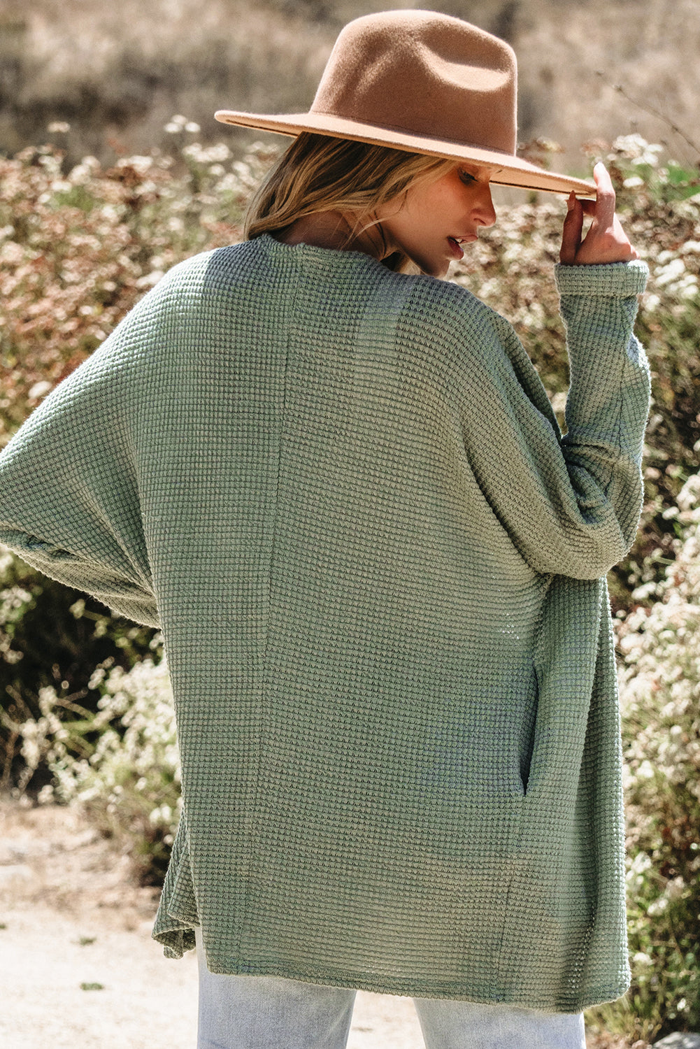 Laurel green waffle knit open front cardigan by Dear-Lover, lightweight sweater with long sleeves and textured fabric.