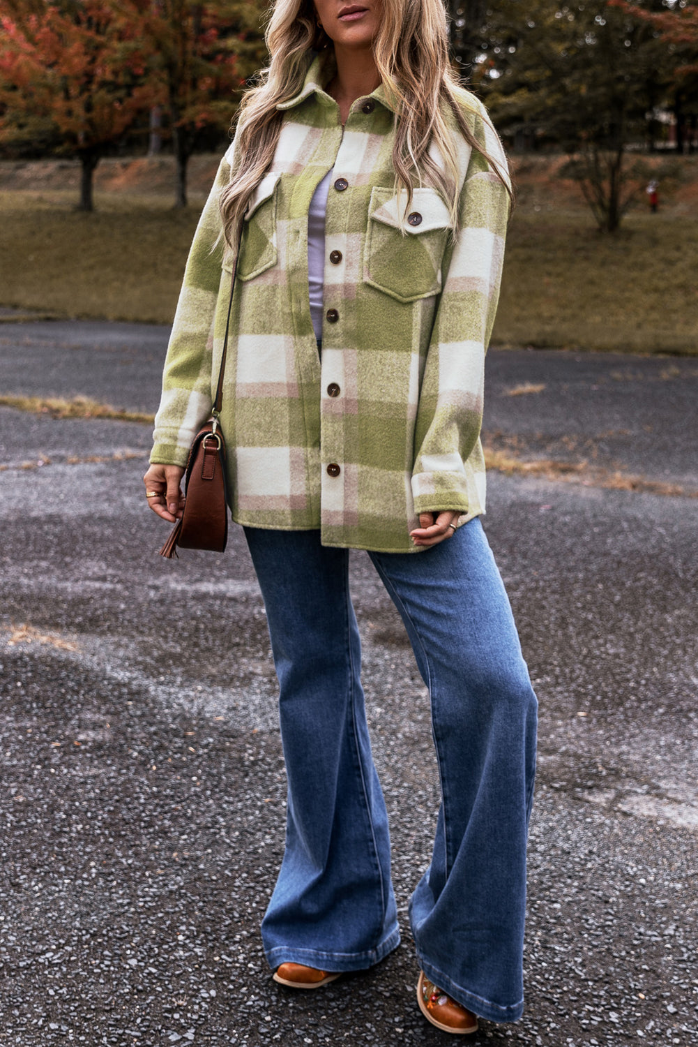 Sage green plaid print buttoned flap pocket shacket by Dear-Lover, featuring a loose, baggy fit and stylish casual design.