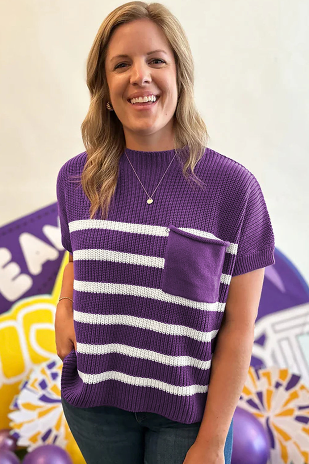 Purple Stripe Patched-Pocket Knit Sweater