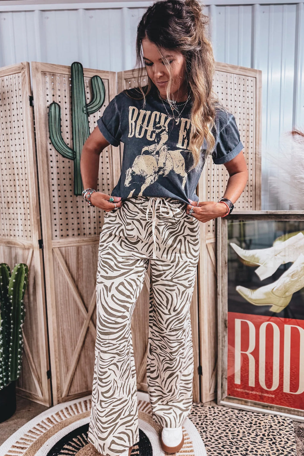 Multicolour Western print zebra pattern elastic waist full-length pants with pockets by Dear-Lover.