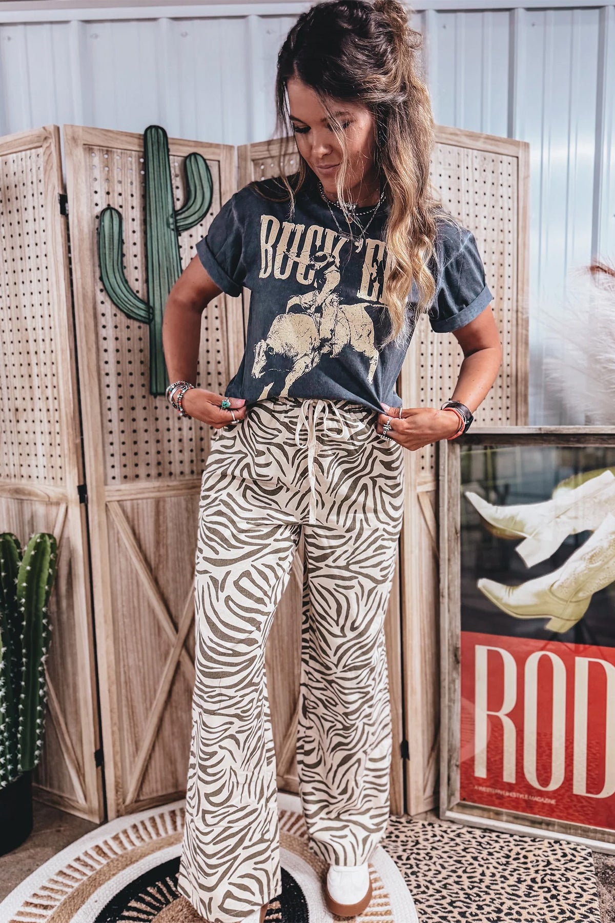 Multicolour Western print zebra pattern elastic waist full-length pants with pockets by Dear-Lover.