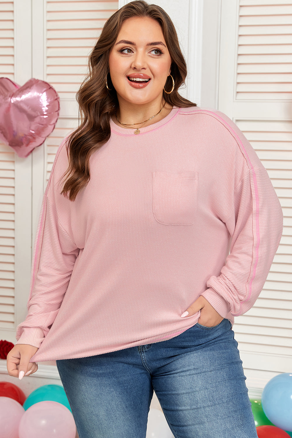 Bonbon Ribbed Exposed Seam Round Neck Chest Pocket Plus Knit Top