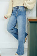 Mist Blue distressed detail tummy control raw hem jeans by Dear-Lover, featuring a fitted design with raw hem and stylish distressed accents.