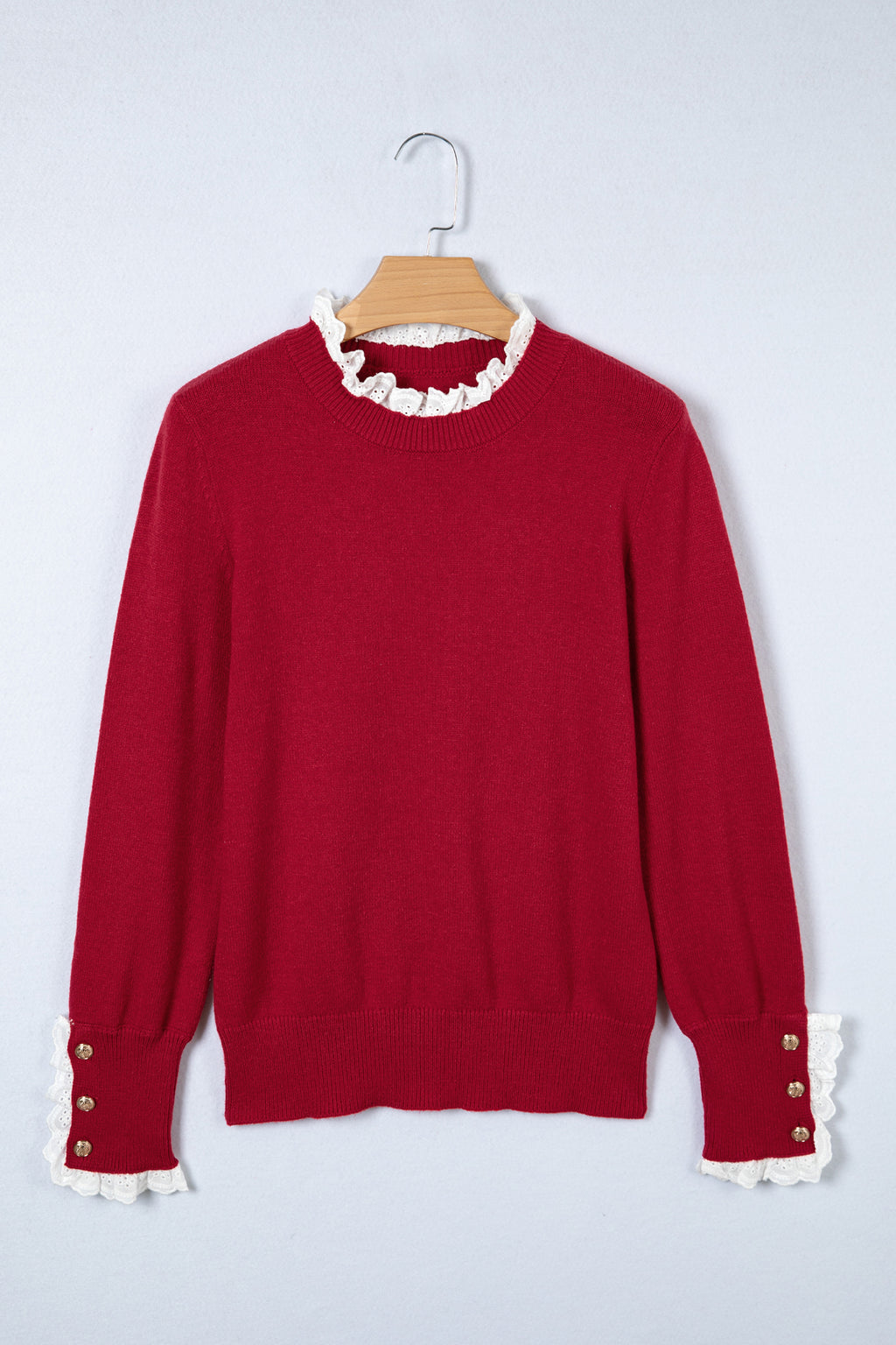 Laced Trim Loose Sweater with Buttoned Cuffs