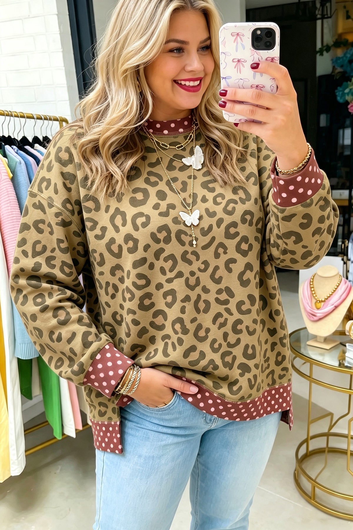 Plus size brown leopard print long sleeve top with contrasting polka dot trim from Dear-Lover, stylish and comfortable for casual wear.