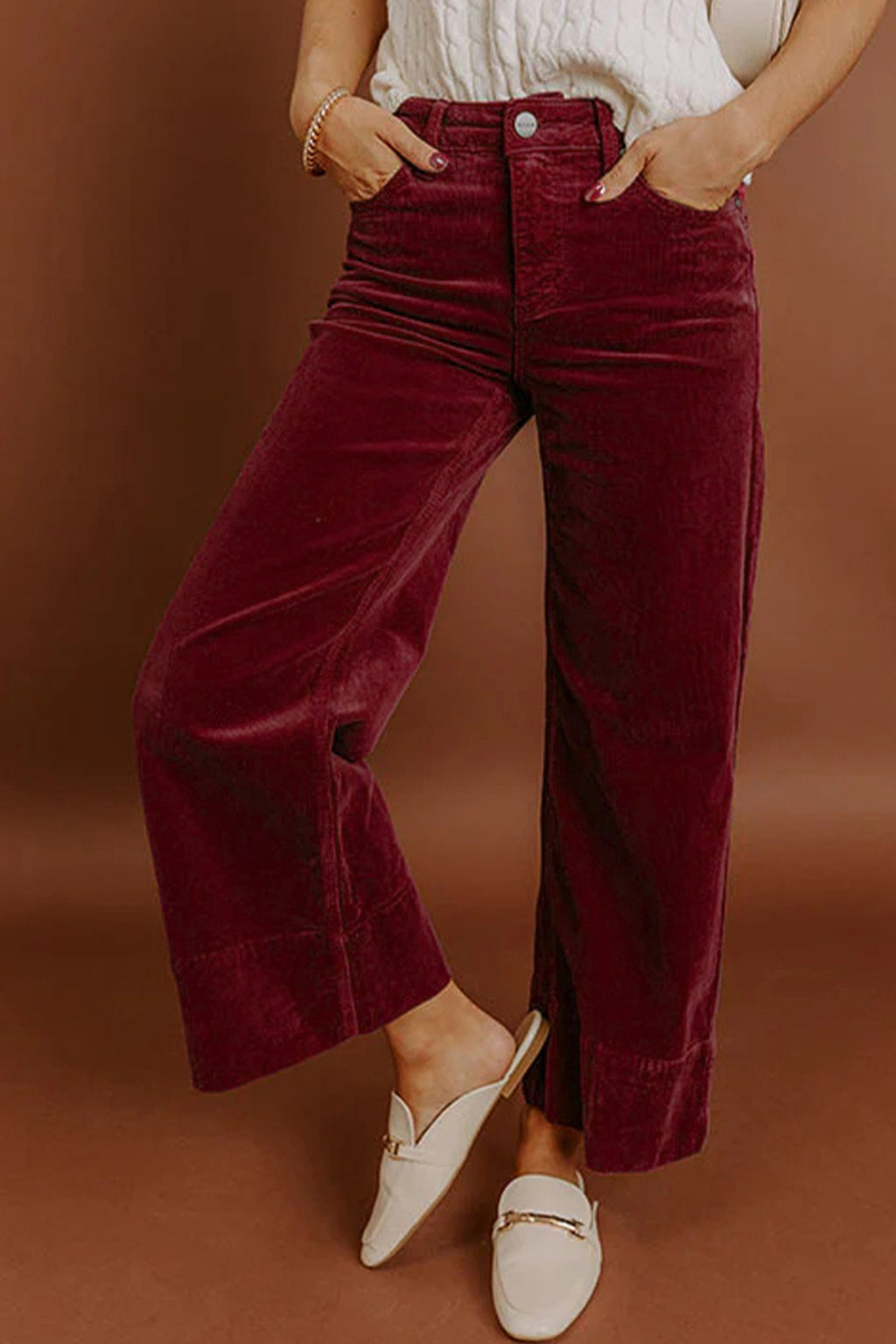 Burgundy corduroy high waist wide-leg pants from Dear-Lover, showing the stylish, textured fabric and classic silhouette.