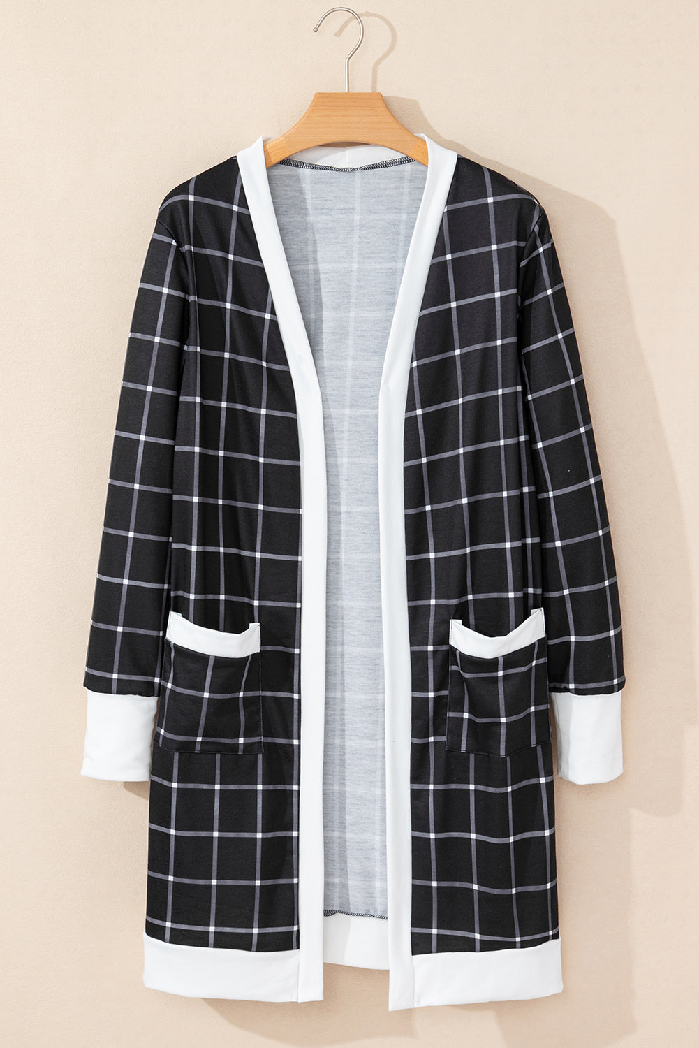 Black plaid colorblock open cardigan with pocket by Dear-Lover, featuring a stylish edge design and relaxed fit.