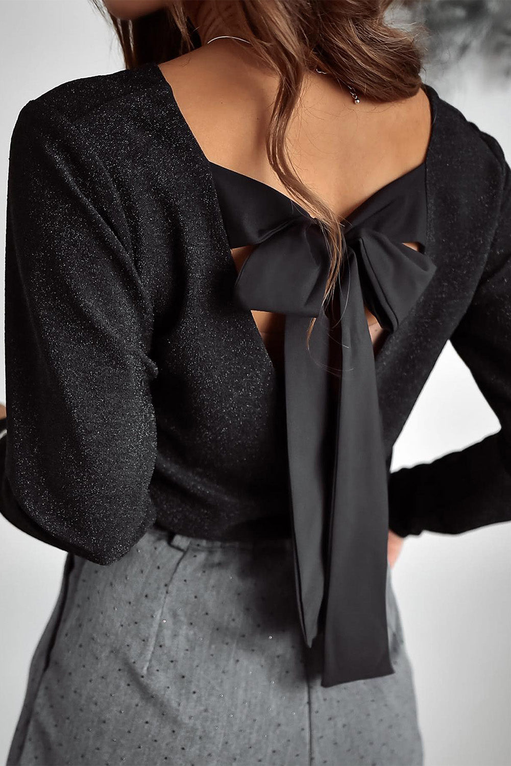Racing Red metallic bowknot open-back V-neck long sleeve top by Dear-Lover, featuring a stylish metallic finish and elegant design.