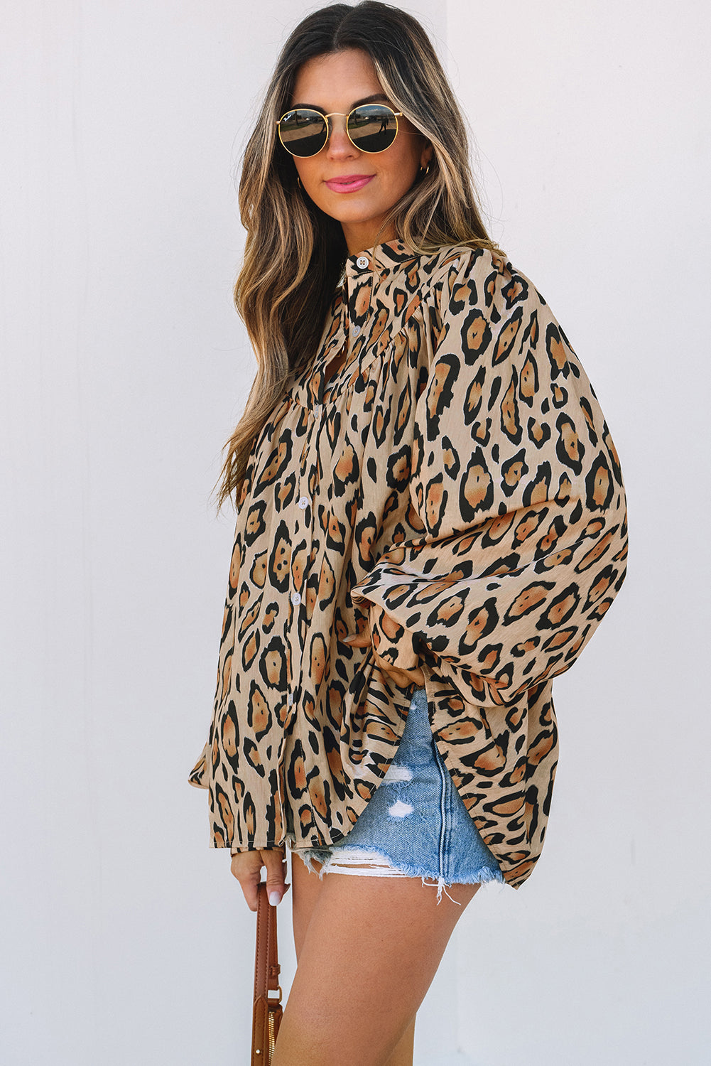 French Beige Leopard Balloon-Sleeve Shirt