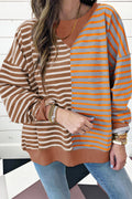 Brown Stripe Colorblock Drop-Shoulder Sweatshirt