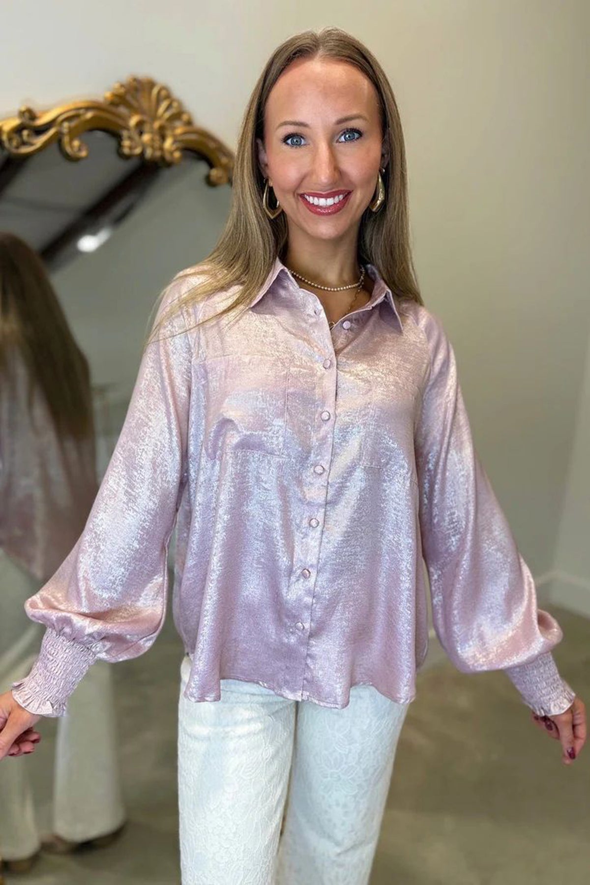 Delicacy Long-Sleeve Button-Front Ruffle Cuffs Back Paneling Shirt