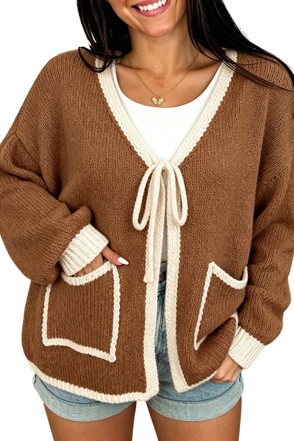 Dear-Lover chestnut V-neck cardigan with contrast trim, tie-front, loose fit, perfect for layered casual wear.