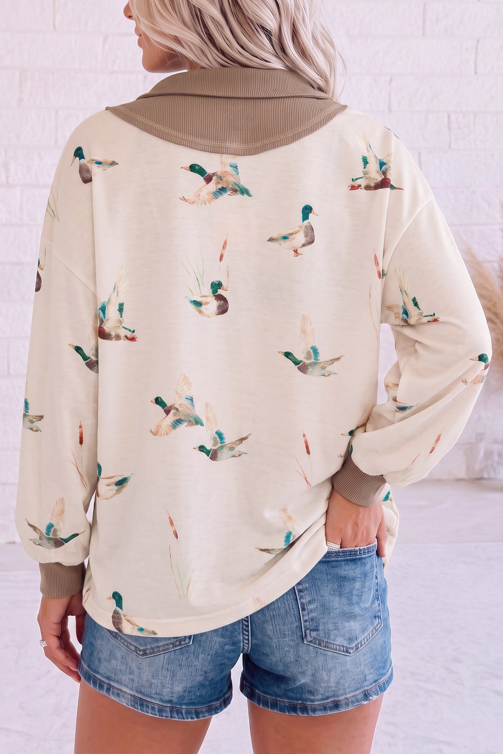 Beige Wild Mallard Colorblock Quarter-Zip Tunic Top