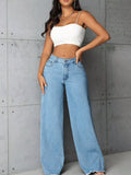 Plus size high-waisted wide-leg raw hem jeans by Trendsi, showcasing fit and style in a full-length view.