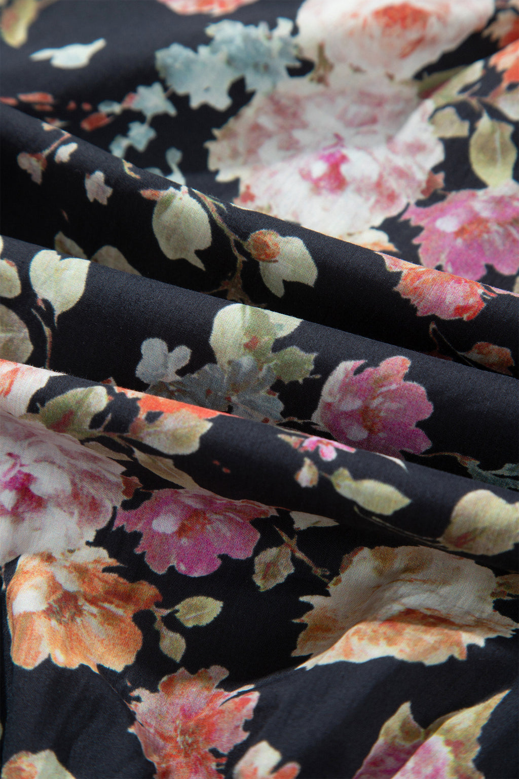 Black Floral Contrast Trim Tie V-Neck Bracelet Sleeve Blouse