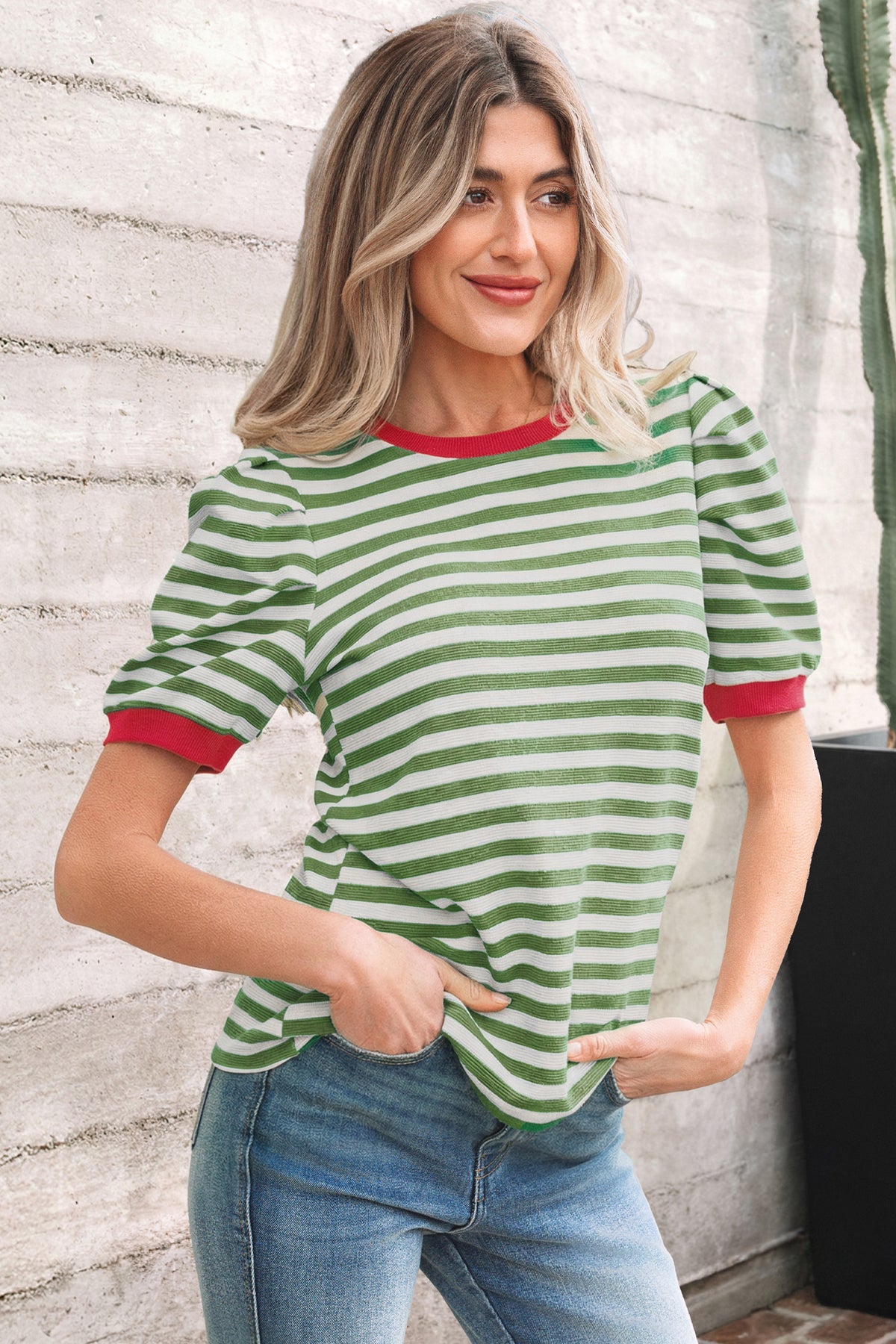 Green Stripe Puff-Sleeve Tee