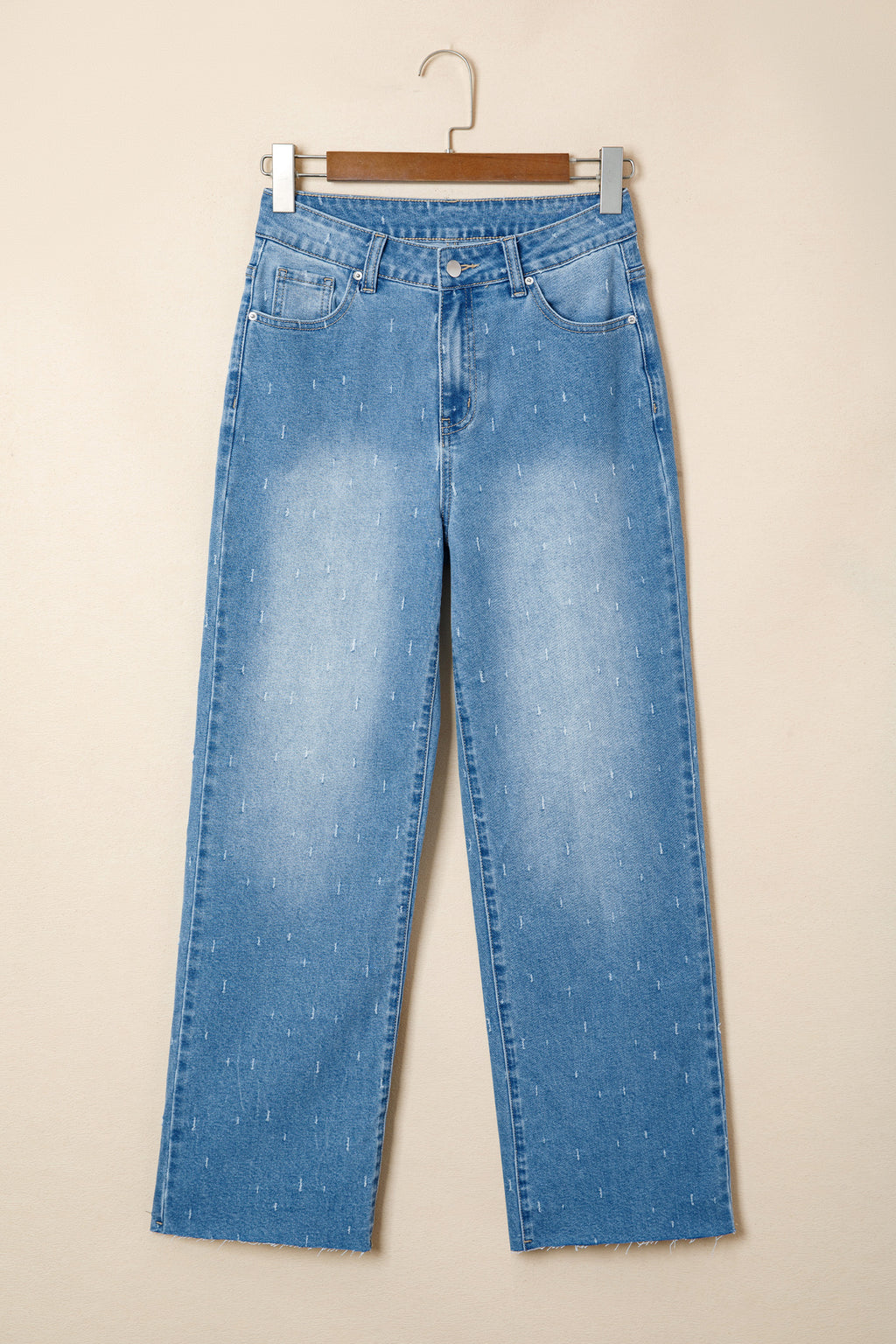 Mist Blue distressed detail tummy control raw hem jeans from Dear-Lover Dropshipping, showing close-up of the distressed raw hem and fit.