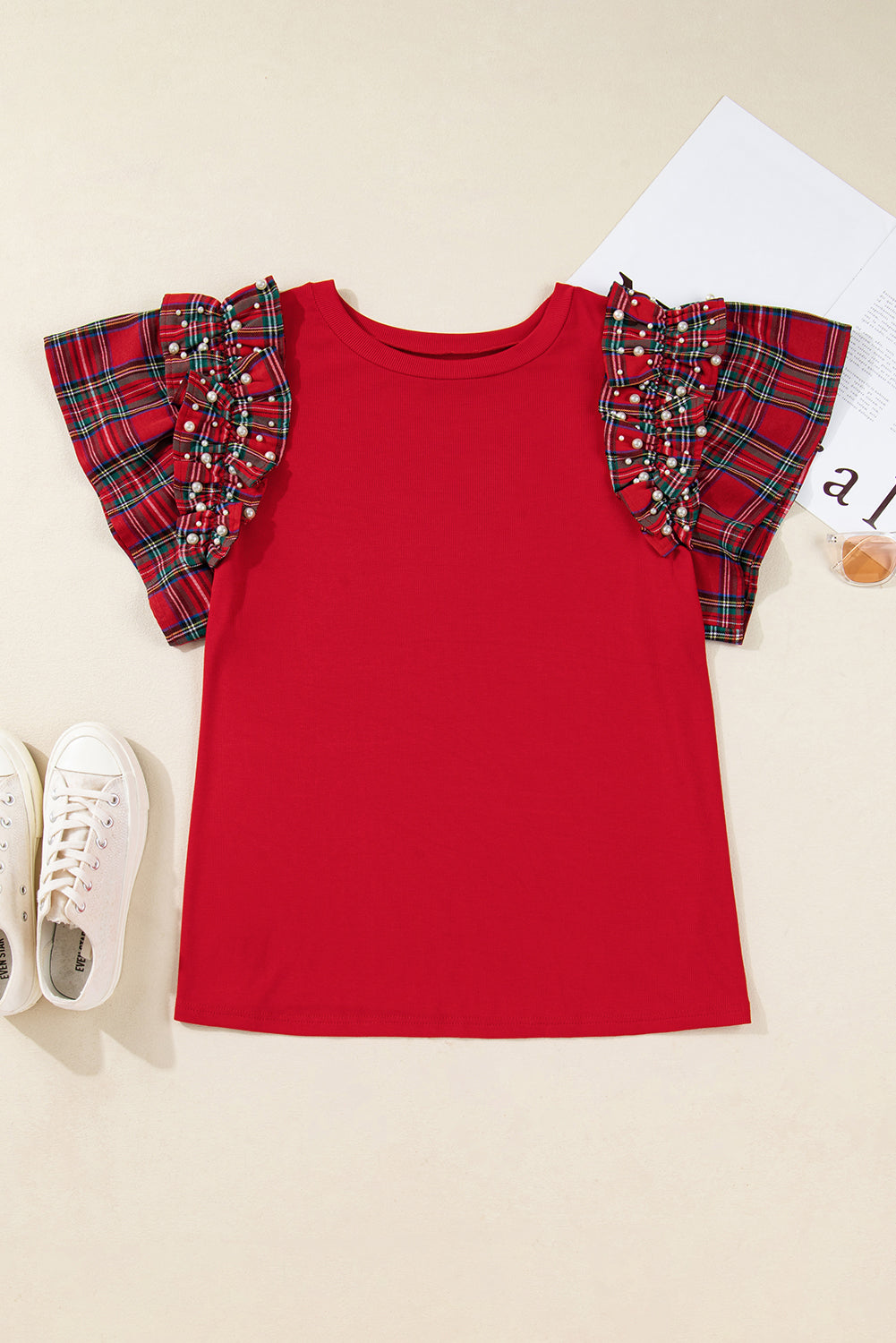 Red Plaid Pearl Short Sleeve Plus Size Shirt