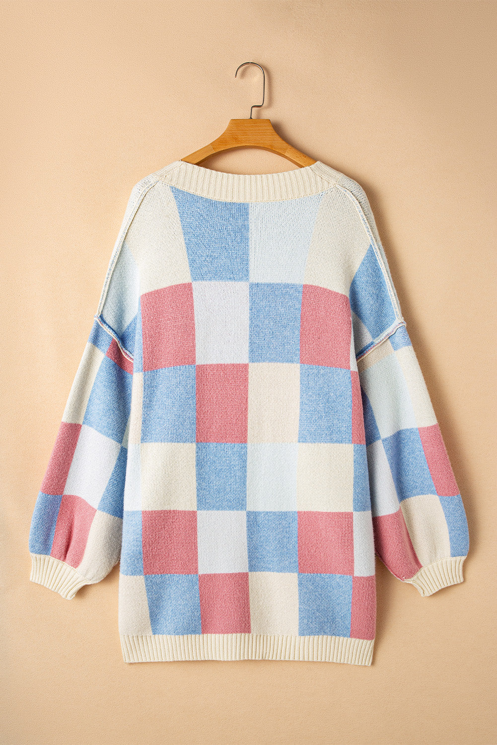 Light Blue Checkered Open-Front Cardigan