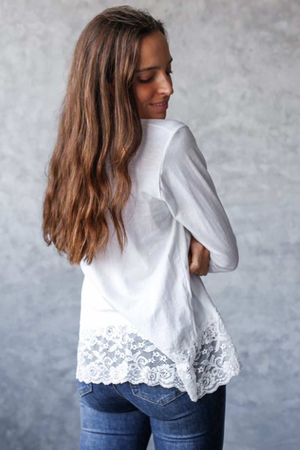 White Lace Trim V Neck Cuffed Long Sleeve Loose Top