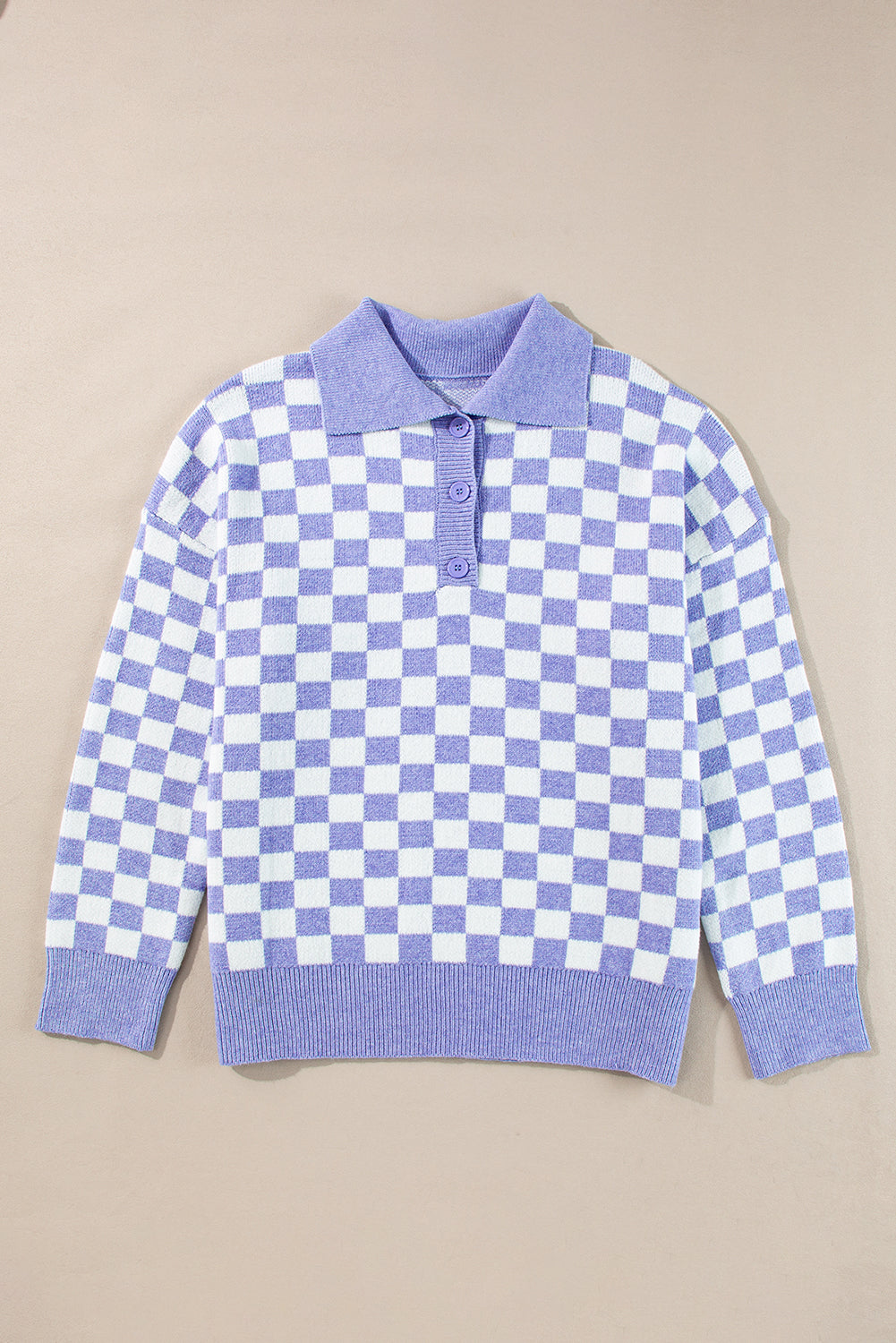 Purple checkered plus size sweater with collar and buttons, stylish Dear-Lover brand knitwear for casual wear.