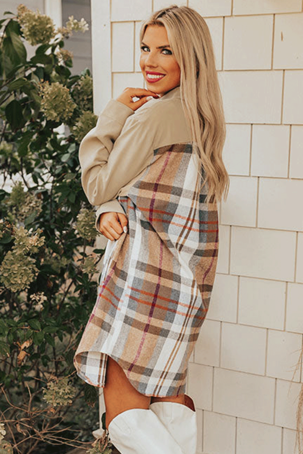 Khaki plaid patchwork long sleeve mini dress by Dear-Lover, featuring a stylish, casual design with patchwork details and a fitted silhouette.