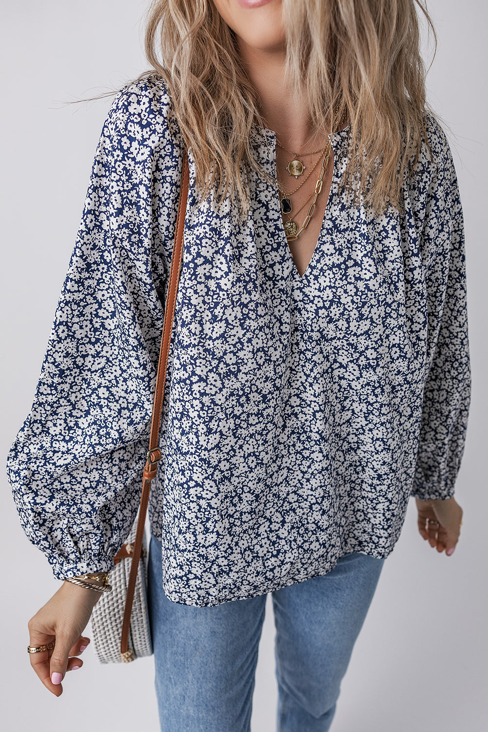 Blue Floral Puff-Sleeve Blouse