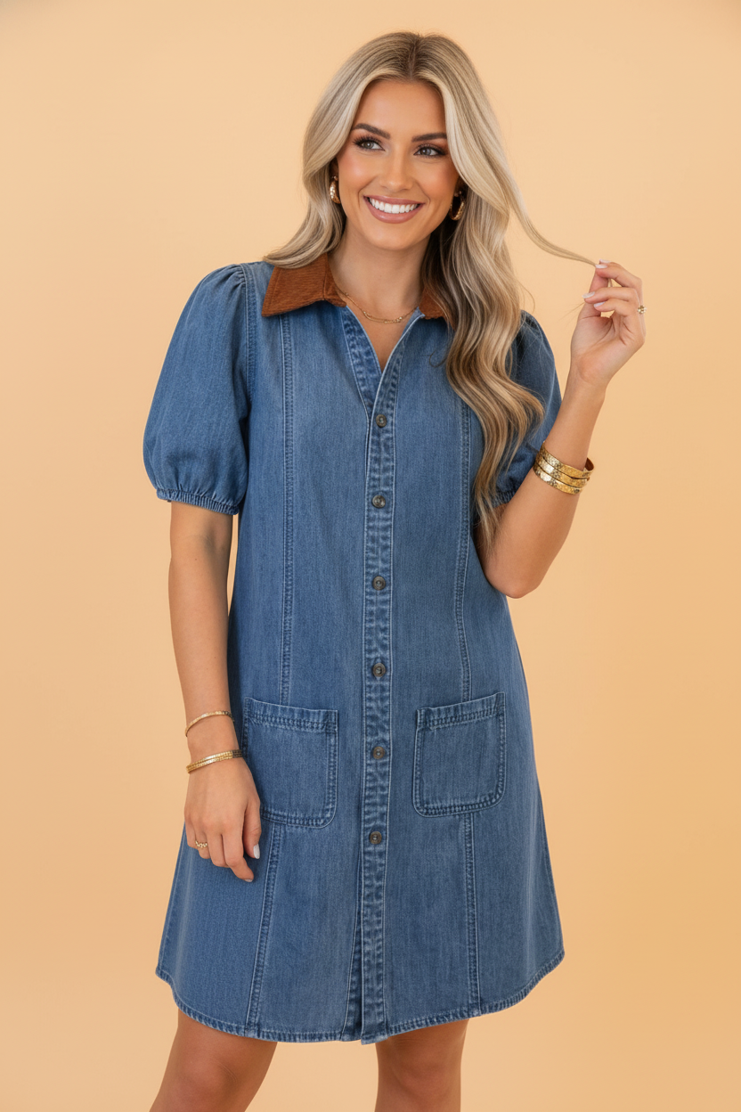 Denim Patchwork Collar Puff Sleeve Buttoned Mini Dress