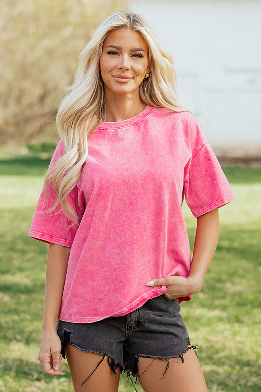 Sachet Pink Solid Color Cotton Mineral Washed Oversize Tee