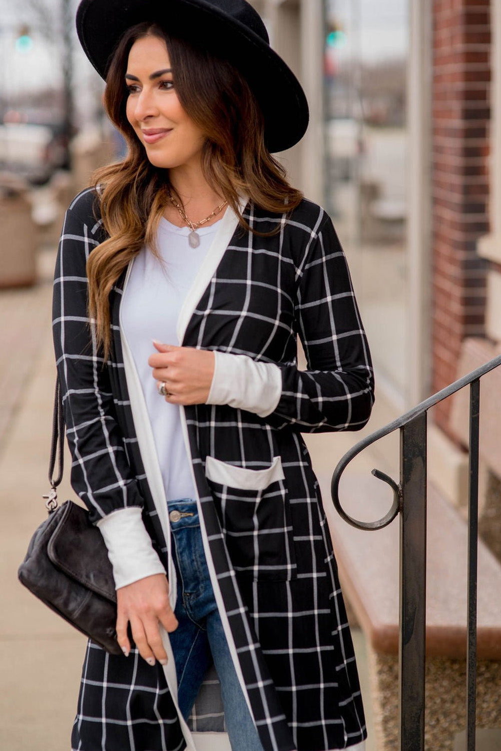 Black plaid colorblock edge open cardigan with pocket, stylish Dear-Lover women's knit sweater for casual wear.