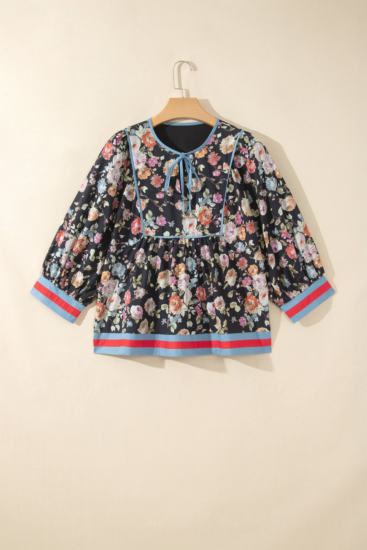 Black Floral Contrast Trim Tie V-Neck Bracelet Sleeve Blouse