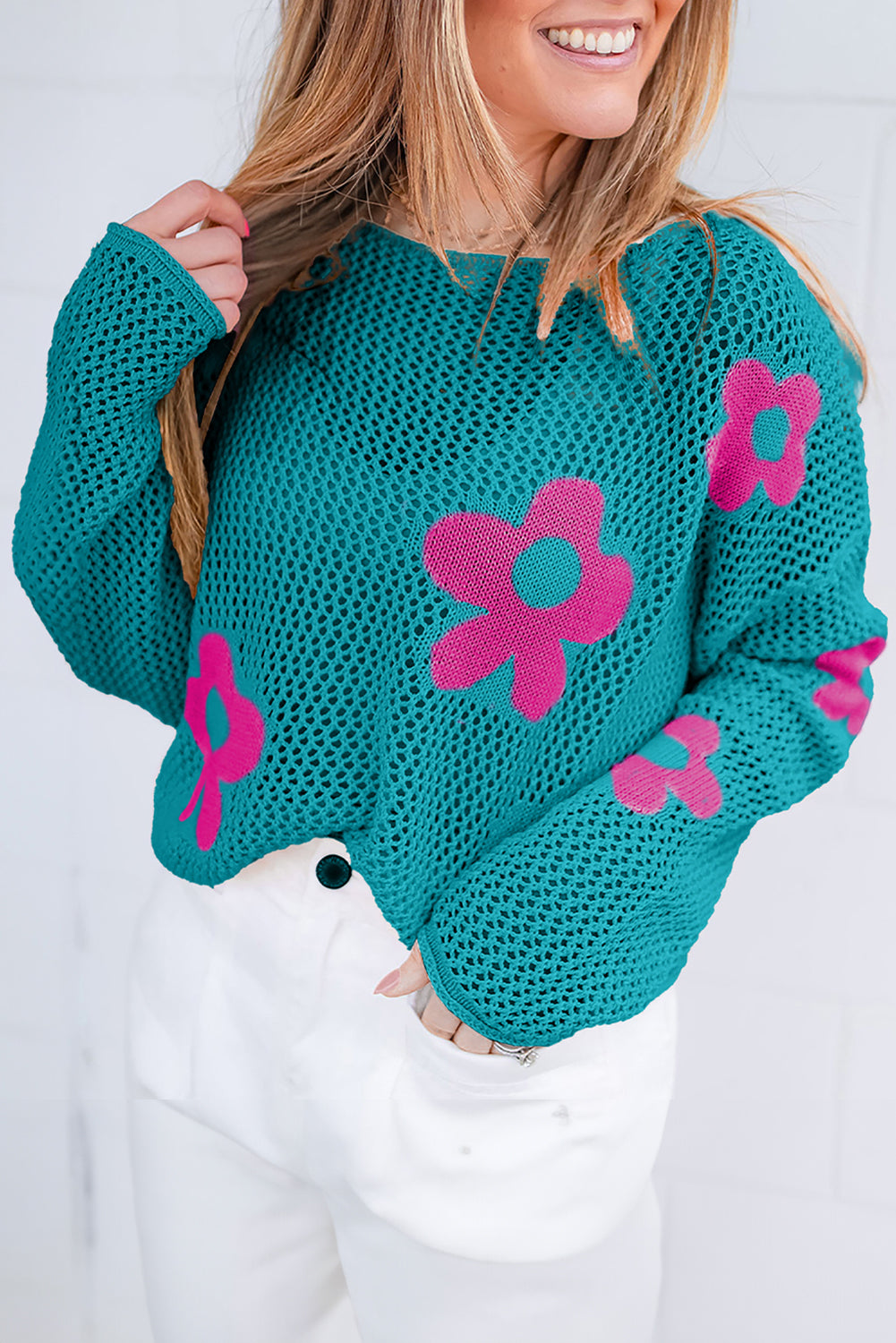 Sea Green Big Flower Drop-Shoulder Sweater