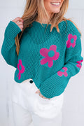 Sea Green Big Flower Drop-Shoulder Sweater