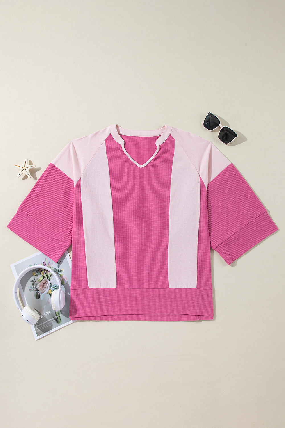 Bright pink textured colorblock 3/4 sleeve oversized top by Dear-Lover with bold design and casual style.