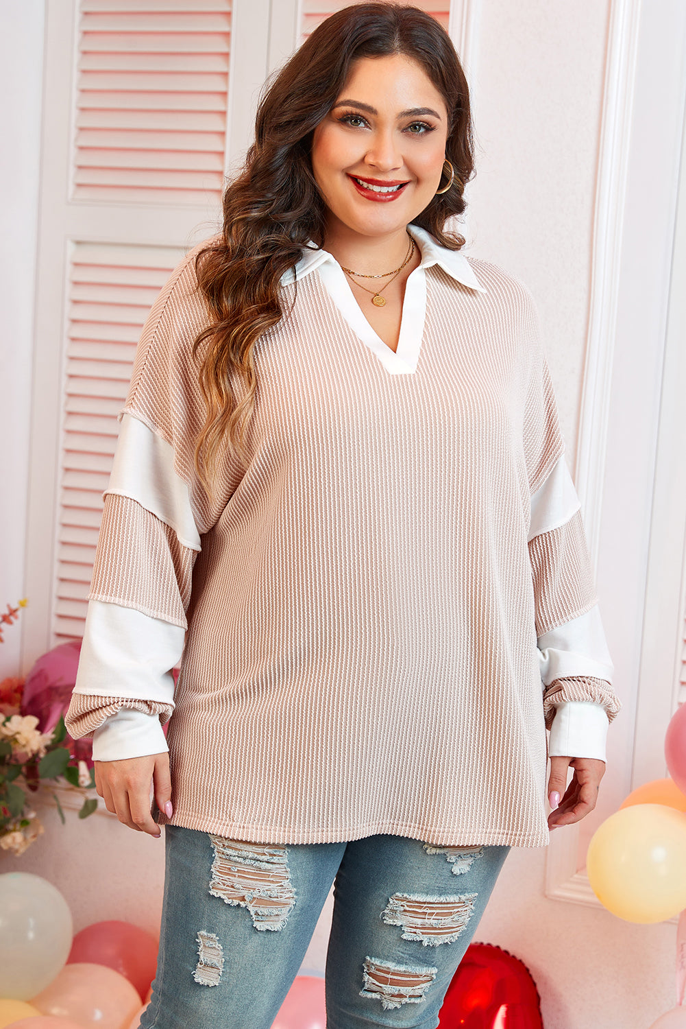 Plus size Dear-Lover colorblock long sleeve top with slit V-neck, corded design, and stylish details for a modern look.