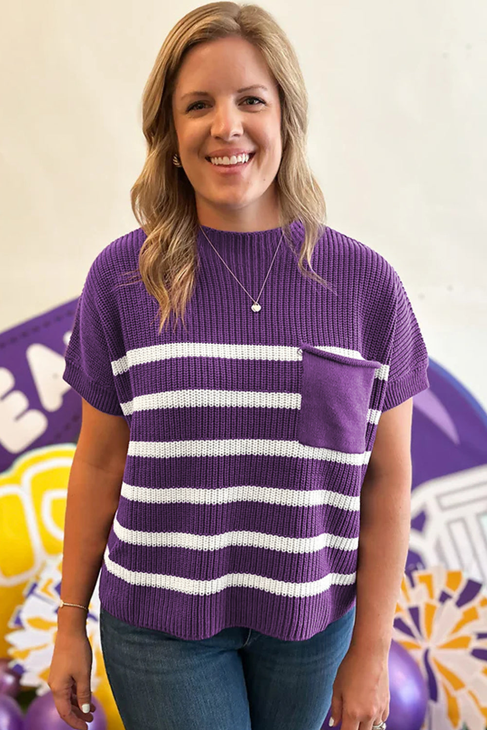 Purple Stripe Patched-Pocket Knit Sweater