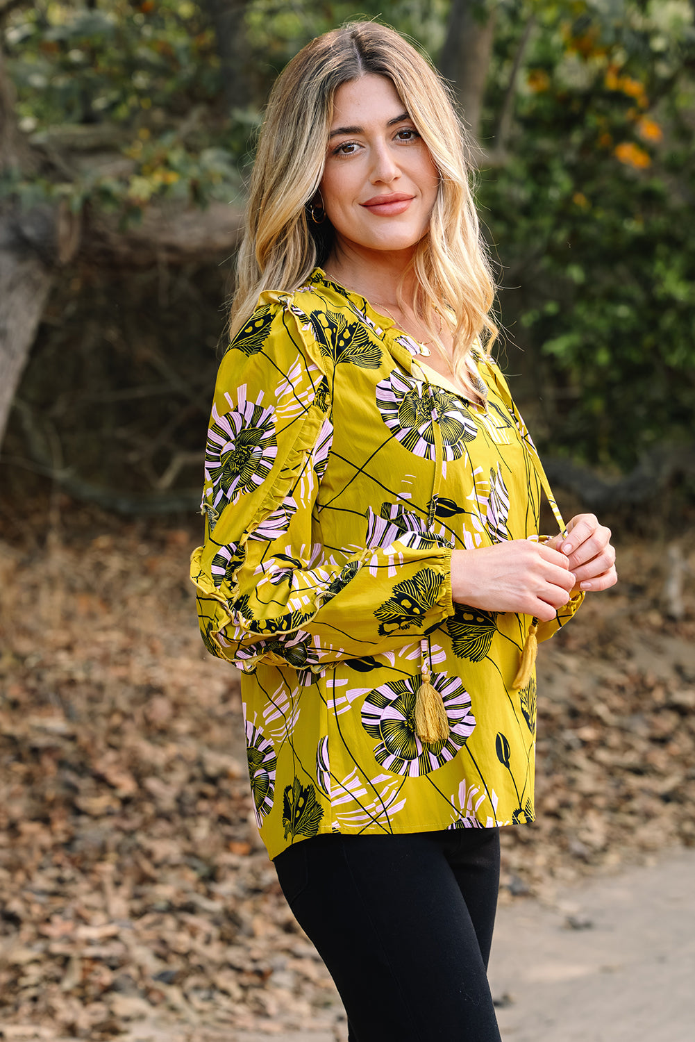 Yellow Vintage Floral Ruffle Blouse