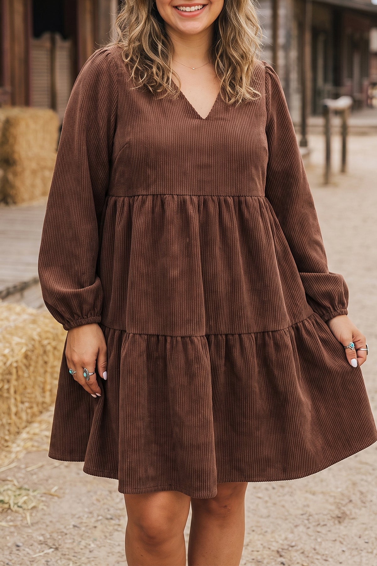 Plus size Dear-Lover corduroy V neck long sleeve mini dress for winter, featuring a stylish and cozy design.
