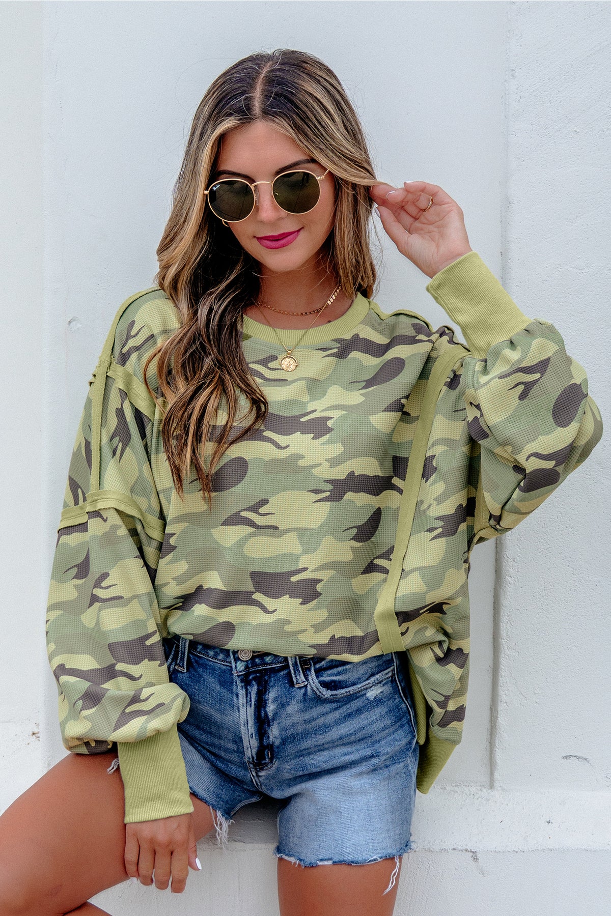 Green Camouflage Waffle Knit Raw Edge Contrast Trim Oversized Long-Sleeve Top
