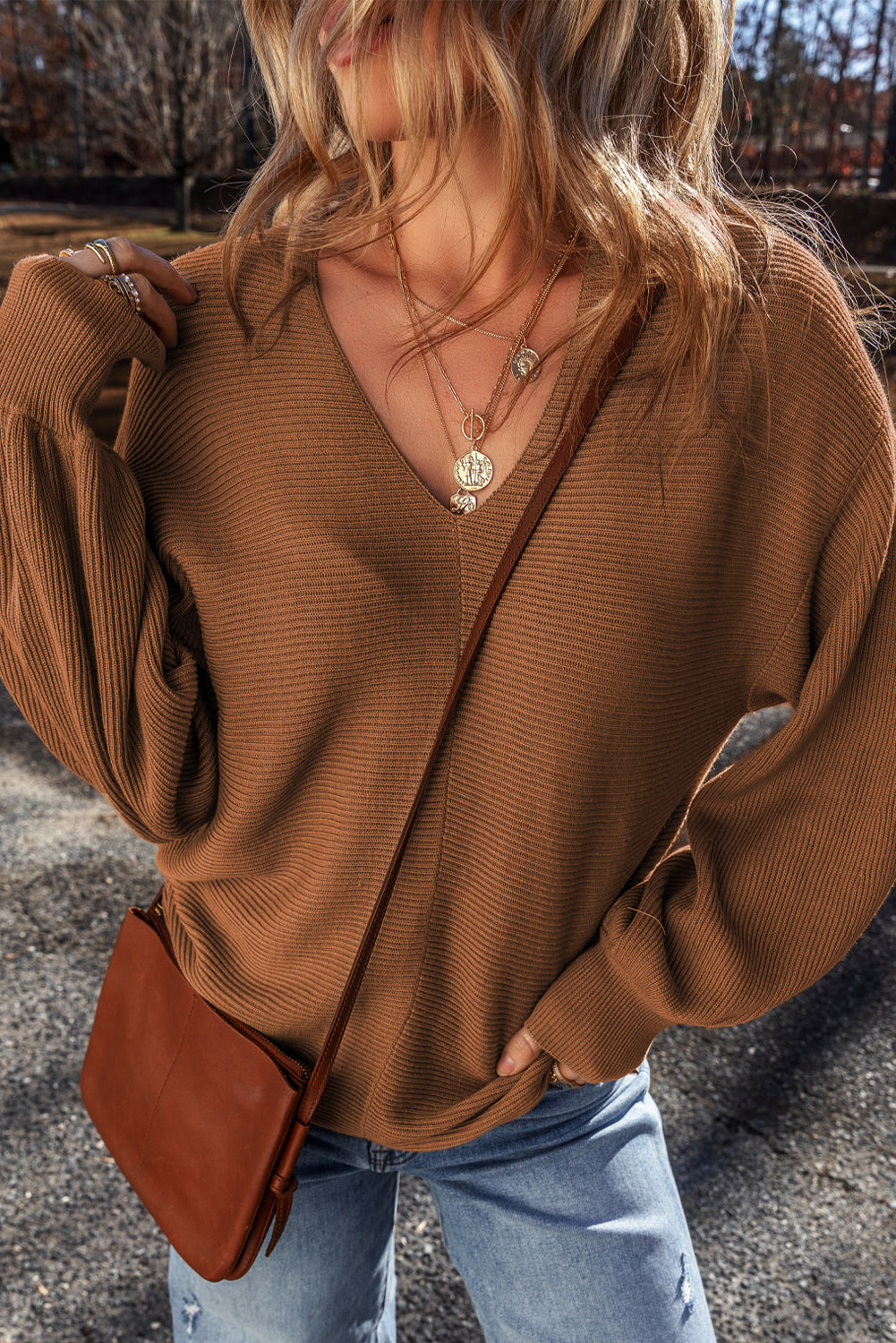 Camel Ribbed-Knit V-Neck Sweater