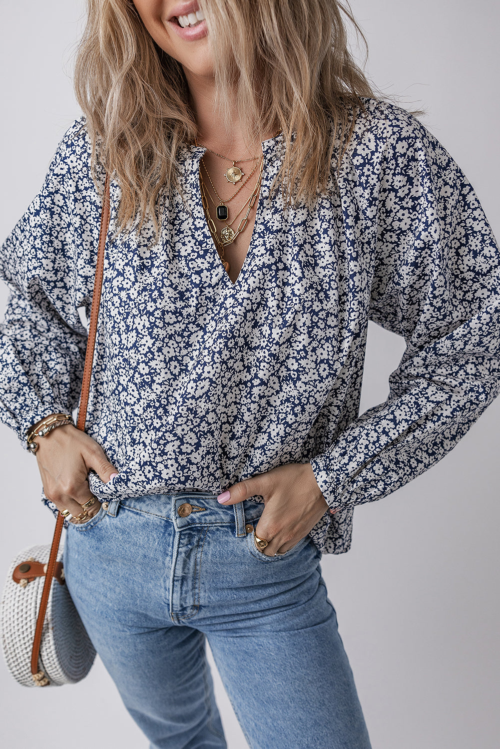 Blue Floral Puff-Sleeve Blouse