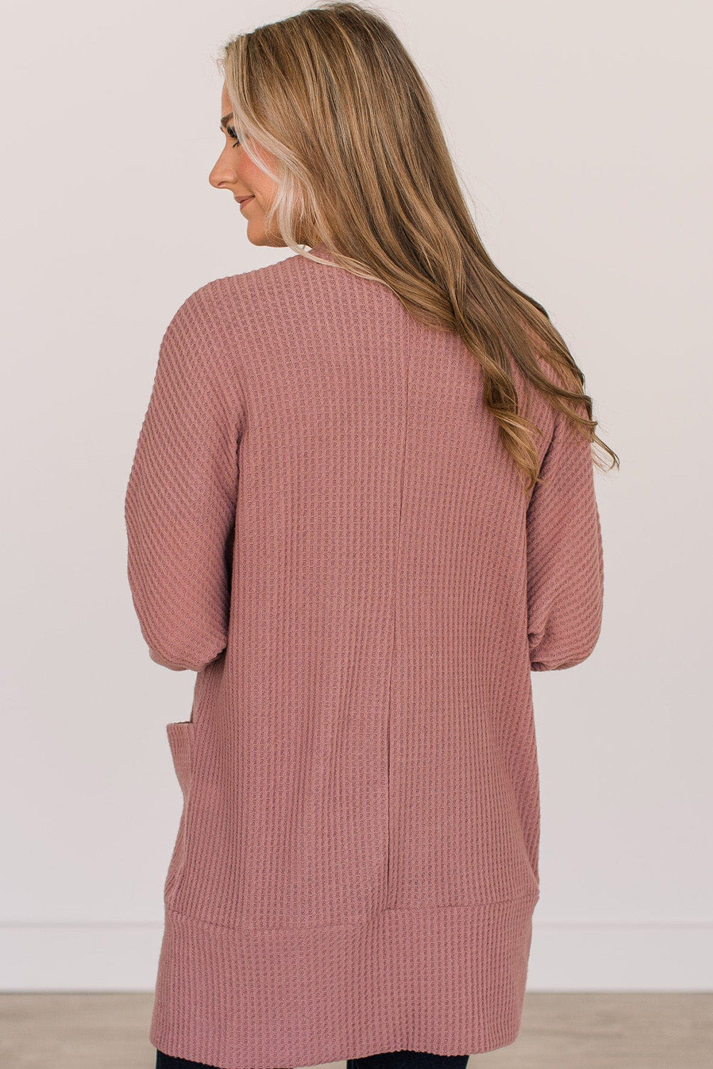 Mineral Red Waffle-Knit Pocket Cardigan
